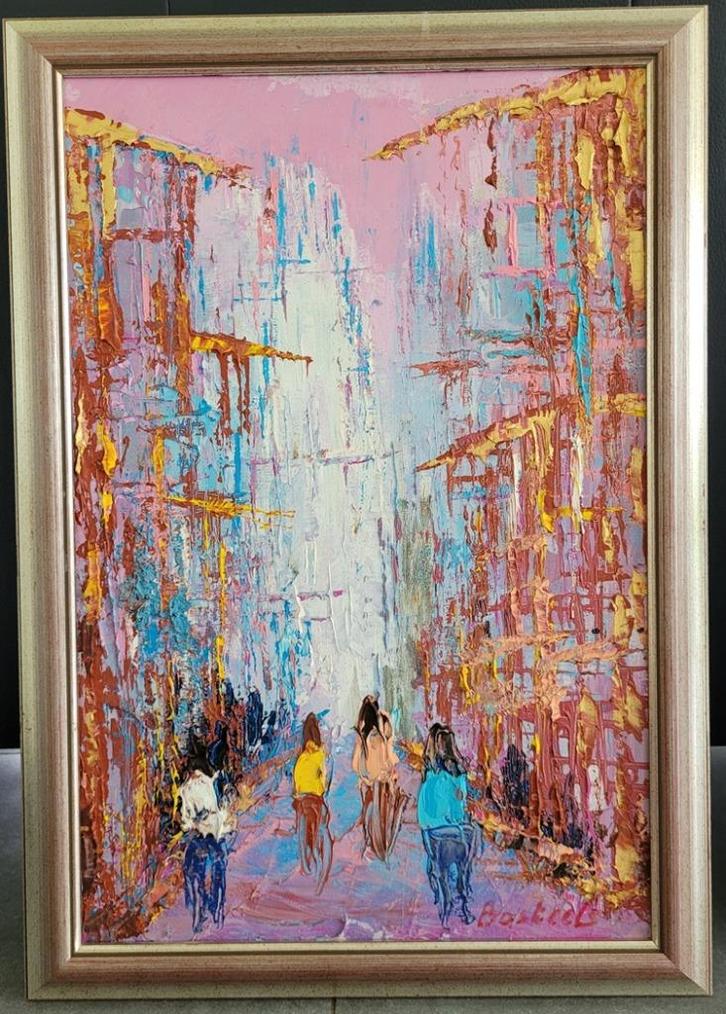 Willy BOSTEELS, Fietsers in de stad, Antiek en Kunst, Kunst | Schilderijen | Klassiek, Ophalen of Verzenden