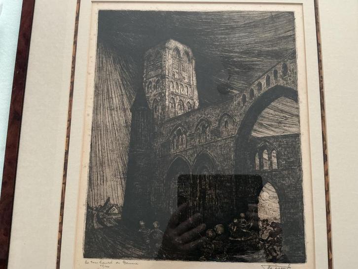 Van Paemel Jules ets de hoge toren van Damme, Antiquités & Art, Art | Eaux-fortes & Gravures, Enlèvement