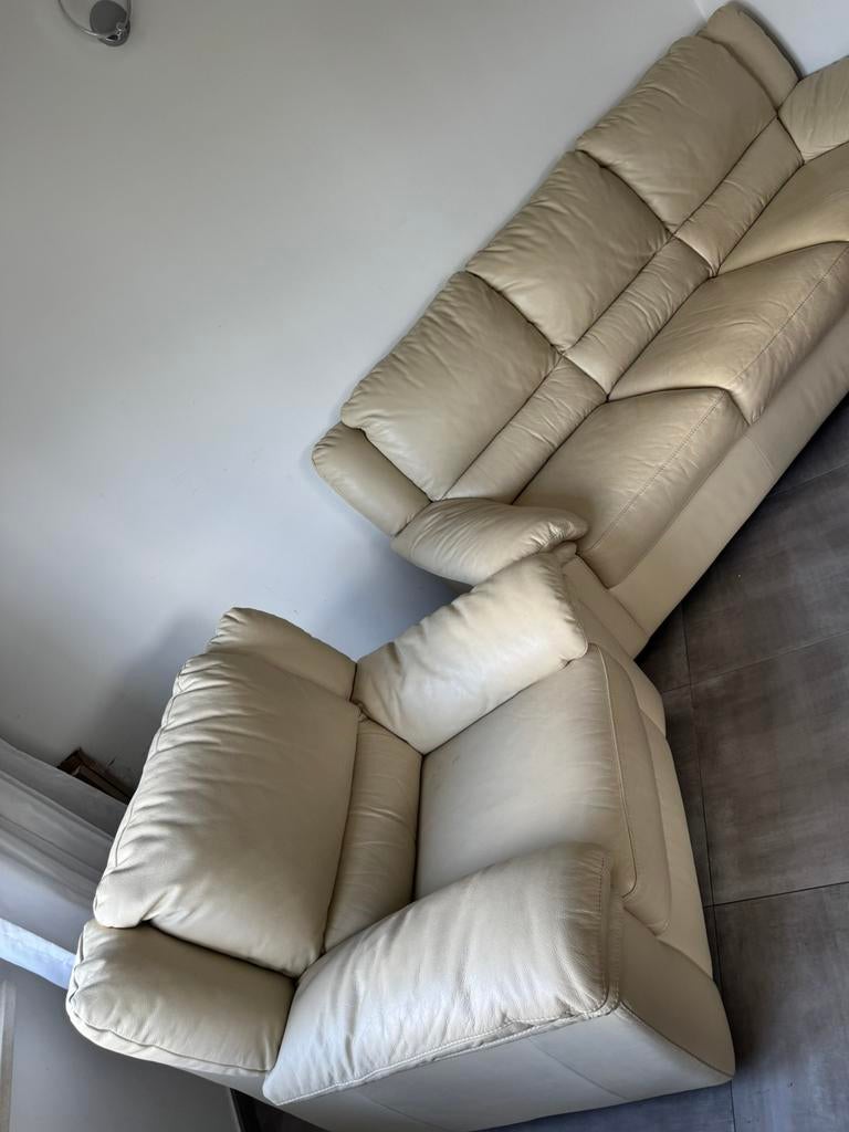 Salon en cuir 3 places + 2 places., Quatre personnes ou plus, Banc droit, Comme neuf, Enlèvement