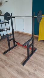 Squat rack, barbells, halterschijven en schijvenstandaard, Sport en Fitness, Ophalen, Gebruikt, Benen, Halterset