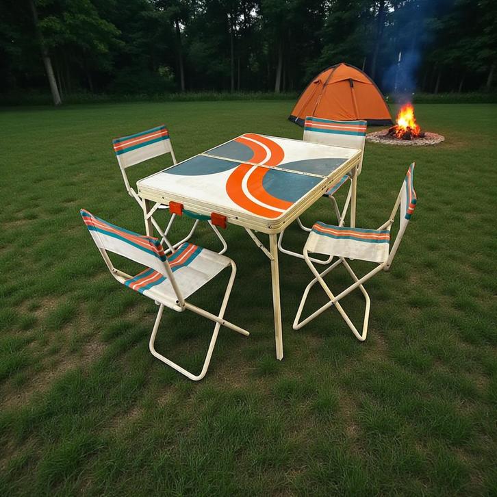 Vintage camping set in koffer: 4 stoelen & uitklapbare tafel, Vakantie, Campings