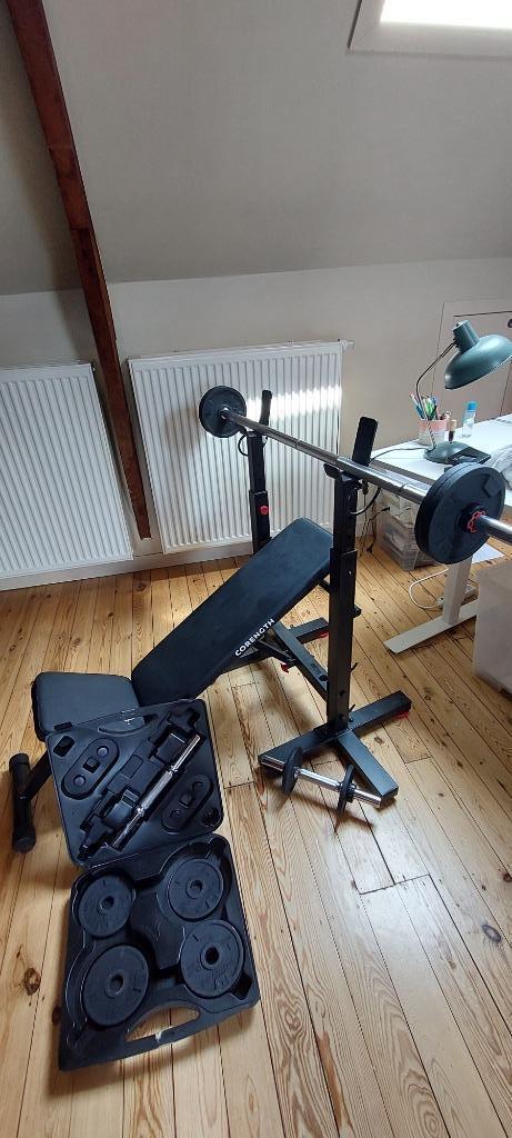 Bench Press fitnessset met dumbells en barbell, Sport en Fitness, Fitnessapparatuur, Gebruikt, Overige typen, Metaal, Ophalen