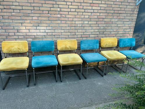 6 Ribstof Stoelen met Chrome Buisframe, Huis en Inrichting, Stoelen, Gebruikt, Vijf, Zes of meer stoelen, Metaal, Stof, Blauw