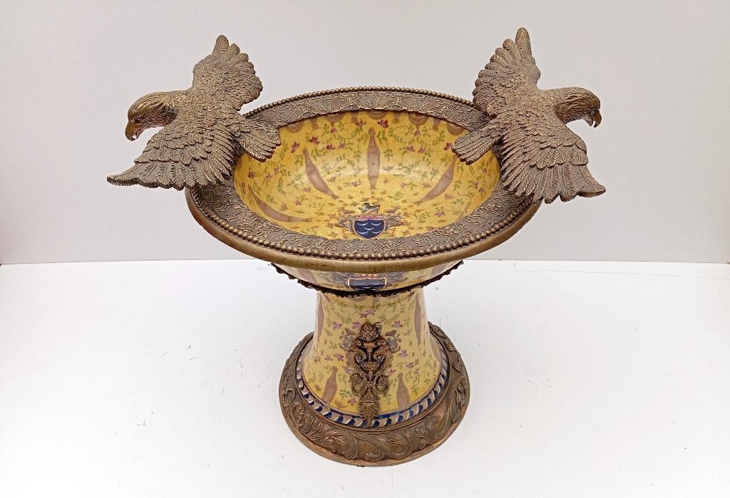 uniek vogelbad brons porselein topstuk beeld, Antiek en Kunst, Antiek | Brons en Koper, Brons, Ophalen of Verzenden