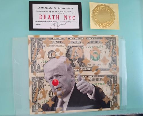 " Donald Trump " Mixed media op 2x 1 dollar biljet, Antiquités & Art, Art | Autres Art, Enlèvement ou Envoi