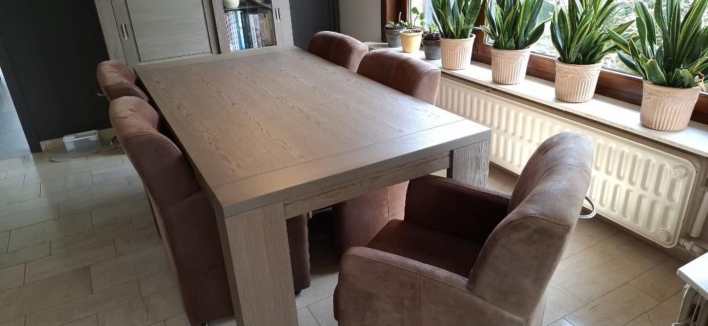 Eetkamertafel met stoelen, Ophalen, Eikenhout, 200 cm of meer, 50 tot 100 cm