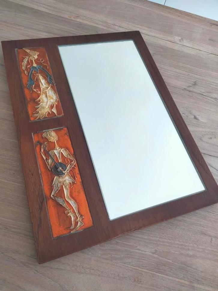 1960s 70s vintage design spiegel hout studio keramiek, Huis en Inrichting, Woonaccessoires | Spiegels, Gebruikt, Minder dan 50 cm