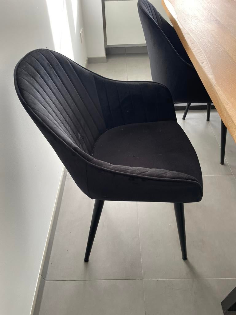 Eiken tafel met smeedijzeren poten en 6 velvet stoelen, Ophalen, Gebruikt, Overige kleuren, Overige materialen