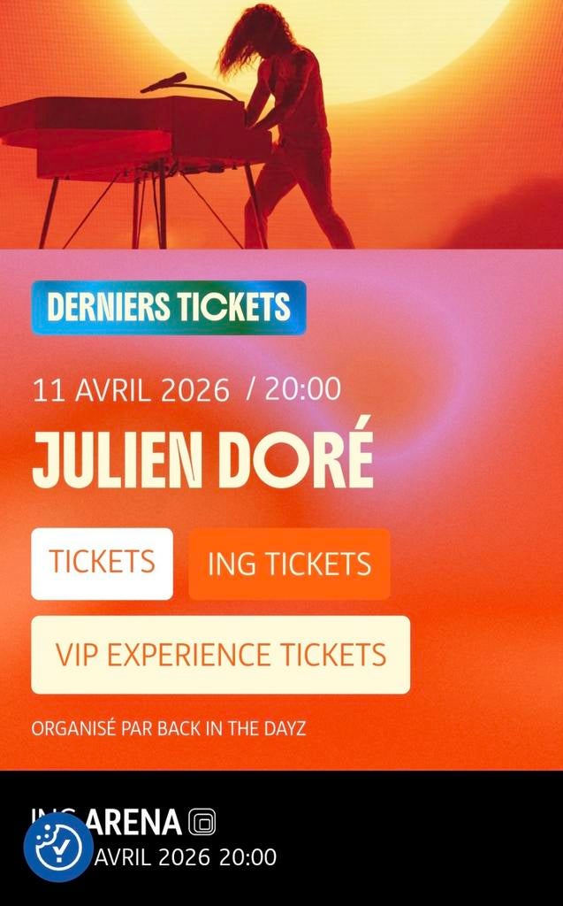 2 places Julien Doré 11 avril 20h ING ARENA BXL, Tickets en Kaartjes, Evenementen en Festivals