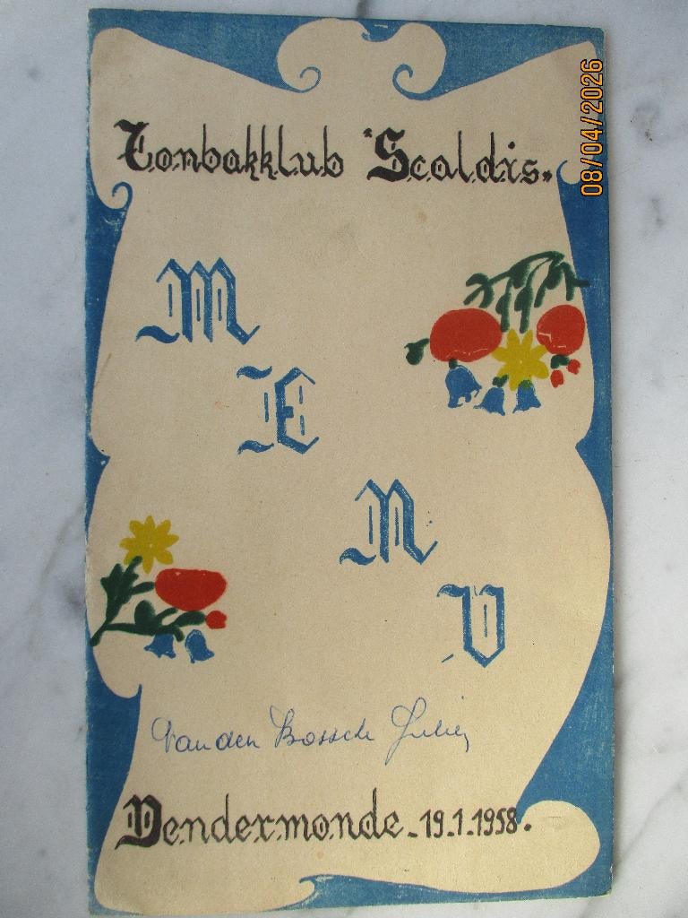 2 menu's  Tonbakklub Scaldis  Dendermonde 1958 en 1979, Verzenden, Gebruikt