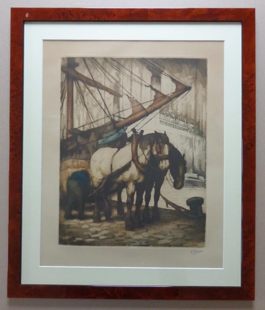 KURT PEISER / PAARDEN IN DE HAVEN / KLEURETS / 65x55cm KADER, Enlèvement ou Envoi