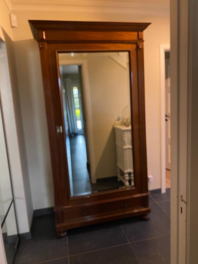 Antieke mahonie halkast met geslepen spiegel, Huis en Inrichting, Kasten | Kleerkasten, Gebruikt, 200 cm of meer, Overige houtsoorten