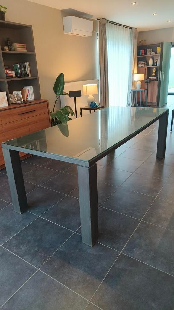 Eettafel 6 personen met beschermplaat in glas (200x100x57), Ophalen, Gebruikt, 200 cm of meer, 50 tot 100 cm