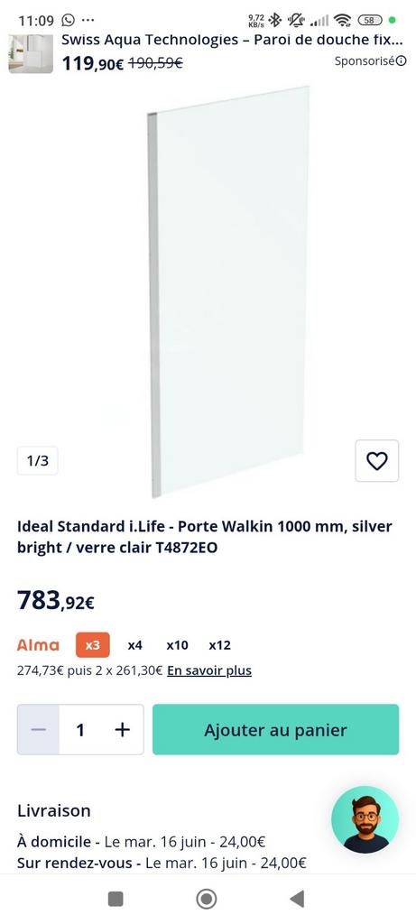 Ideal standard noite 1000*2000 prix original 783.92, Maison & Meubles, Enlèvement