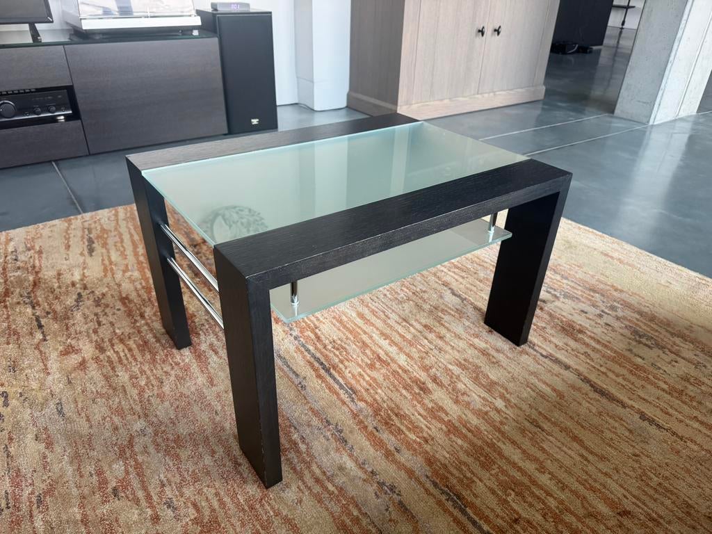 Salontafel zwart hout en mat glas, Maison & Meubles, Tables | Tables de salon, Enlèvement, Comme neuf, Verre