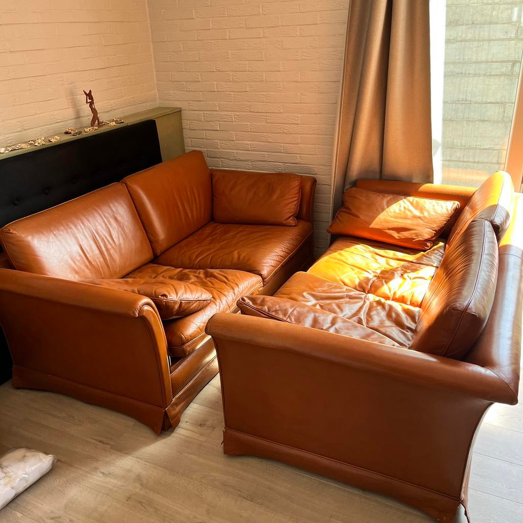 Cognac lederen zetels 2 stuks, Ophalen, Gebruikt