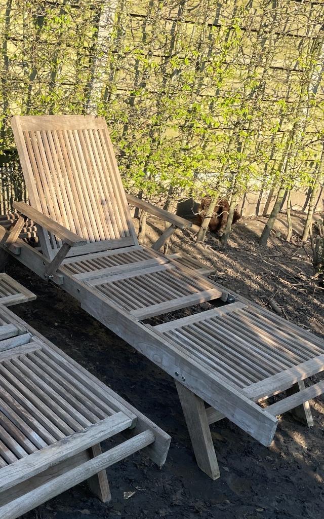 Teakhouten ligbed, Tuin en Terras, Ligbedden, Gebruikt, Hout, Verstelbaar, Ophalen