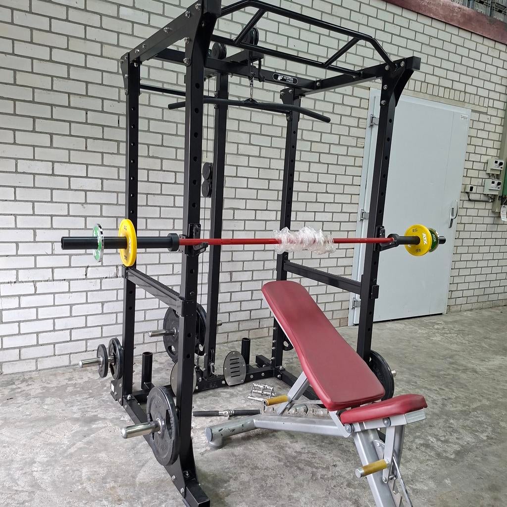 Power Rack Met Lat Pulldown + Bankje + Gewichten Set, Sport en Fitness, Ophalen