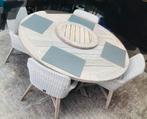Teak tafel diameter 160 cm met 6 kuipstoelen 4 Seasons, Tuin en Terras, Ophalen, Zo goed als nieuw