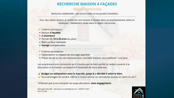 Recherche maison 4 façades dans le namurois, Immo, Maison recherche