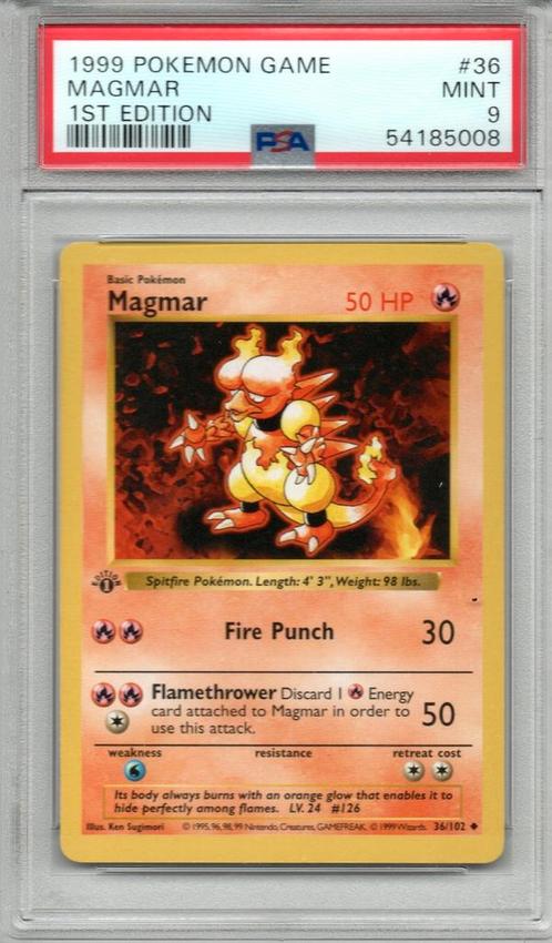 Magmar 1st edition Psa 9 Base set, Hobby en Vrije tijd, Verzamelkaartspellen | Pokémon, Zo goed als nieuw, Ophalen of Verzenden