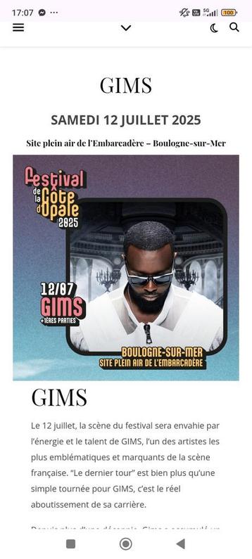 entrées concert Gims , côte d'opale ( 1 entrée PMR+ 1 acompa beschikbaar voor biedingen