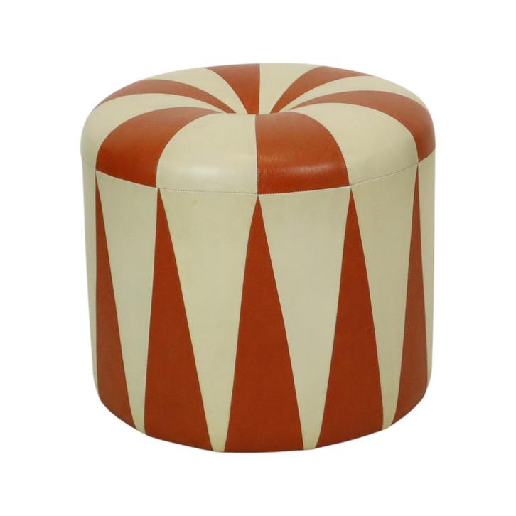 Ronde Vintage Poef Oranje Crème Tweekleurig Skai Sixties, Huis en Inrichting, Zetels | Voetbanken en poefs, Gebruikt, Minder dan 50 cm