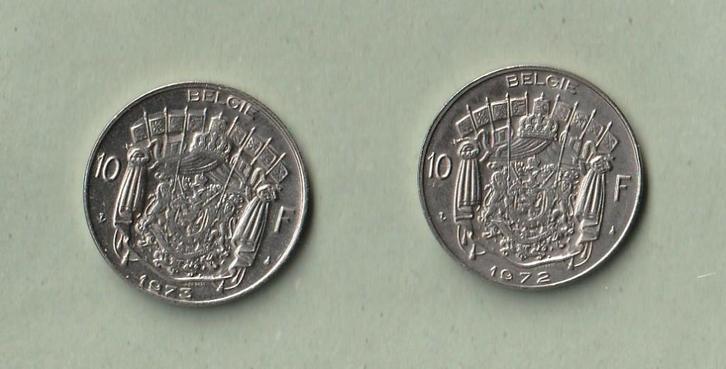 België : 2 (gebruikte) munten : 10 frank : 1972 en 1973, Postzegels en Munten, Munten | België, Setje, Ophalen of Verzenden