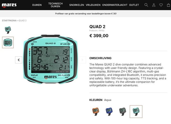 Mares Quad 2 Duikcomputer nieuw 349€ - Ecocheques, Watersport en Boten, Duiken, Nieuw, Duikcomputer, Ophalen of Verzenden