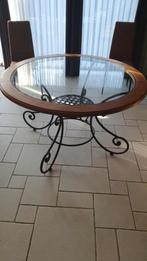 VINTAGE PRACHTIGE TAFEL HOUT GLAS SMEEDIJZER, Huis en Inrichting, Gebruikt, Rond, Ophalen of Verzenden, Glas