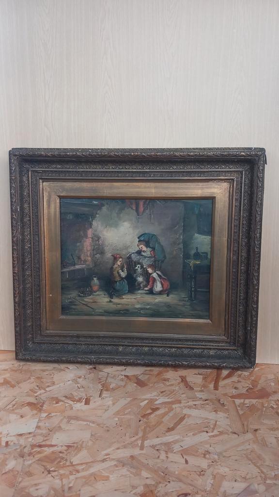 Antiek schilderij – Kinderen met hond – in originele lijst, Antiek en Kunst, Kunst | Schilderijen | Klassiek, Ophalen
