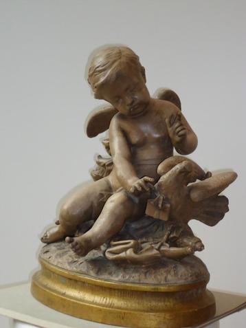 antiek Franse terracotta PIGALLE Cupido Amor duif terrecuite