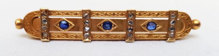 Barette goud 15kt diamant saffier., Handtassen en Accessoires, Antieke sieraden, Broche, Goud, Met edelsteen, Ophalen of Verzenden