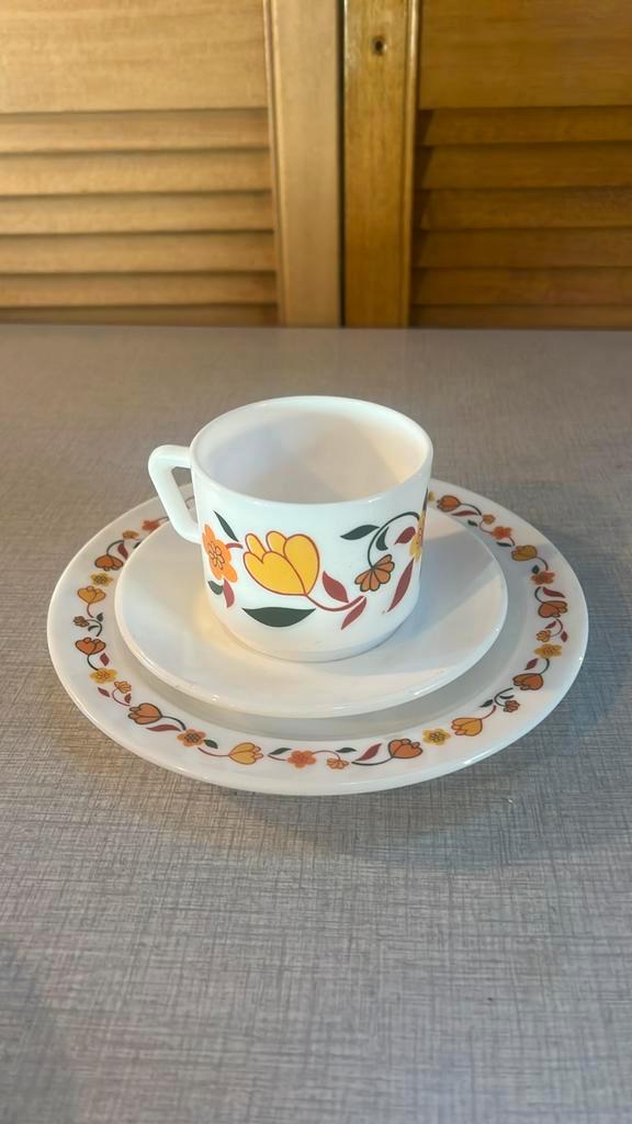 4x koffietassen - 6x dessertborden (Arcopal, France), Verzamelen, Porselein, Kristal en Bestek, Zo goed als nieuw, Ophalen of Verzenden