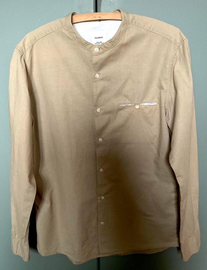 Pull&Bear, overhemd mix linnen-katoen, maat M, Kleding | Heren, Overhemden, Zo goed als nieuw, Beige, Ophalen of Verzenden