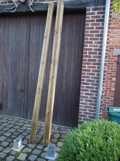 2 houten profiel palen + 2 gegalvaniseerde paalhouders, Tuin en Terras, Palen, Balken en Planken, Nieuw, Palen, Ophalen of Verzenden