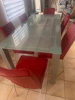 Glazen eettafel met 6 lederen stoelen, Ophalen, Zo goed als nieuw