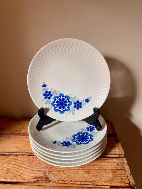 Set 6 dessertbordjes Mitterteich retro blauwe bloemen, Antiek en Kunst, Antiek | Servies los, Verzenden