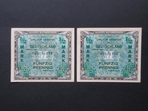 2 x 1/2 Mark 1944 Allemagne AMC [Numéro de série successif], Timbres & Monnaies, Billets de banque | Europe | Billets non-euro