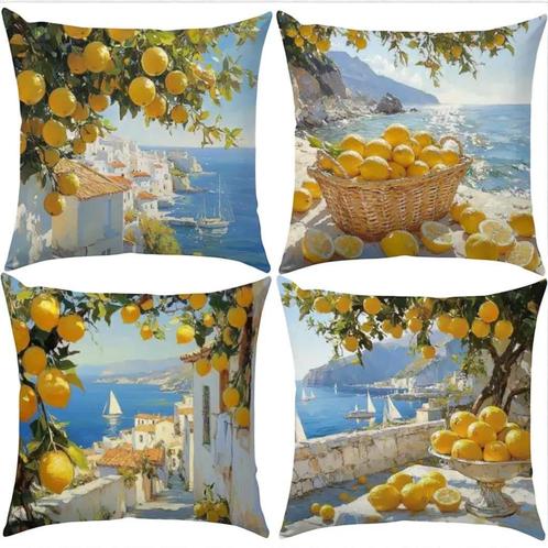Set van 4 kussenhoezen kustdorp citroenen 45x45cm, Huis en Inrichting, Woonaccessoires | Kussens, Nieuw, Blauw, Vierkant, Verzenden