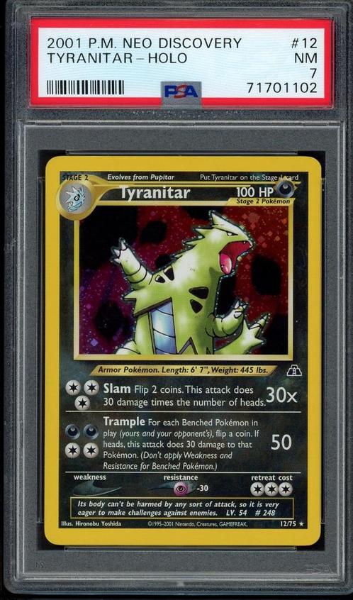 Tyranitar Holo PSA 7 - 12/75 - Neo Discovery 2001, Hobby en Vrije tijd, Verzamelkaartspellen | Pokémon, Zo goed als nieuw, Losse kaart