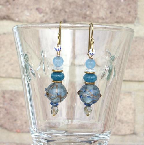 Oorbellen van Venetiaans Murano glas en aquamarijn, Handtassen en Accessoires, Oorbellen, Nieuw, Hangers, Glas, Blauw, Met edelsteen