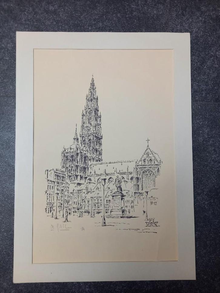 André Gailliaerde -  Pentekening - Onze Lieve Vrouwekathedra, Antiek en Kunst, Kunst | Etsen en Gravures, Ophalen of Verzenden