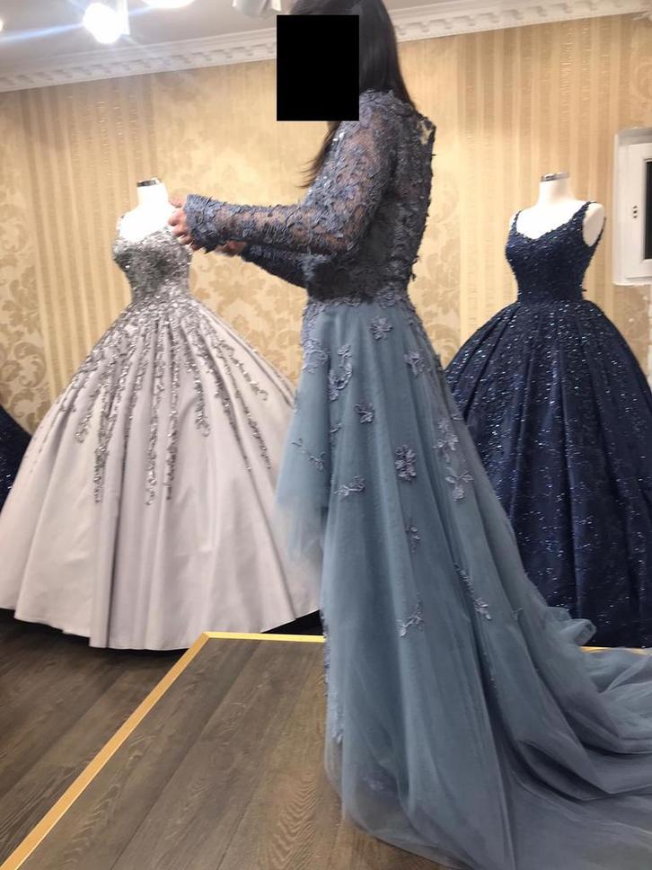 Blauw kleedje en pastel beige/ licht roze, Kleding | Dames, Gelegenheidskleding, Zo goed als nieuw, Overige typen, Maat 38/40 (M)