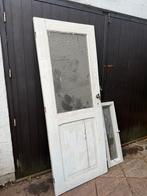 Antieke houten deur met geslagen glas en bovenlicht, Ophalen, Zo goed als nieuw, Glas