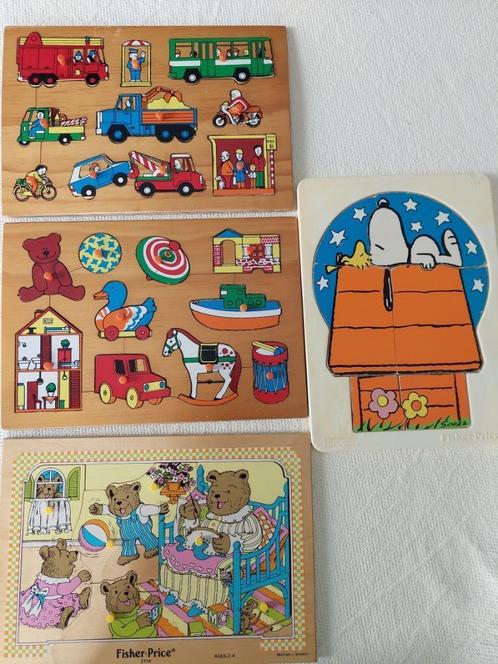 3 houten inlegpuzzels + 1 fisher-Price puzzel Snoopy, Kinderen en Baby's, Speelgoed | Kinderpuzzels, Gebruikt, 10 tot 50 stukjes