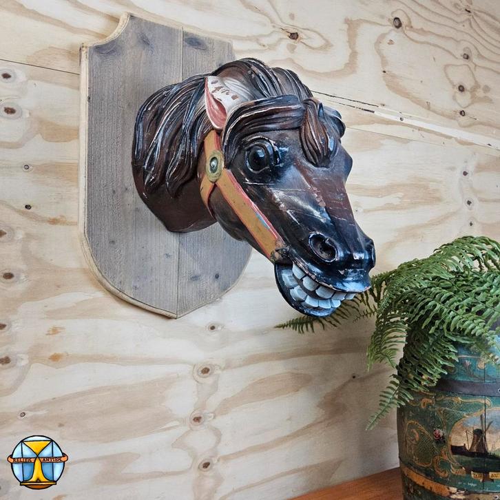 Antieke carrousel / draaimolen paard hoofd voor aan de muur, Antiek en Kunst, Curiosa en Brocante, Ophalen of Verzenden