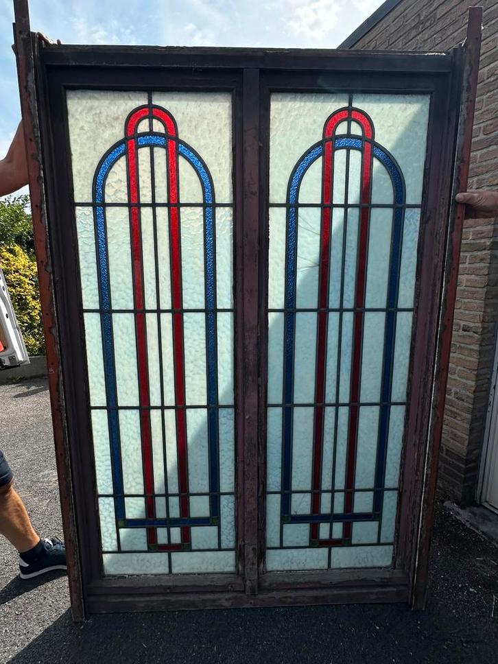 Grote dubbele glas-in-lood deuren–Art Deco jaren ’30–127185, Doe-het-zelf en Bouw, Glas en Ramen, Zo goed als nieuw, Ophalen