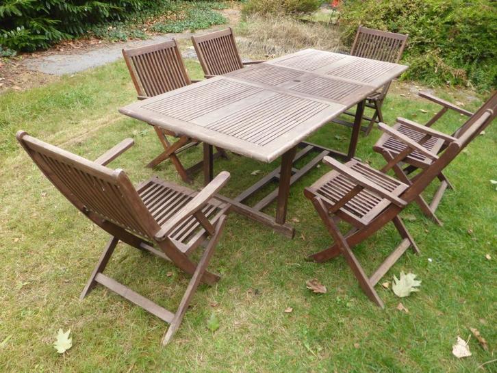 tuinset - tuintafel met 6 stoelen in teak + kussens, Tuin en Terras, Tuinsets en Loungesets, Gebruikt, Tuinset, Teakhout, 8 zitplaatsen