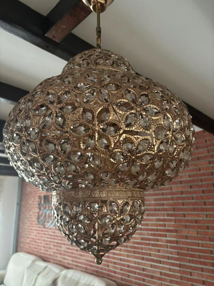 Suspension / Lustre oriental en métal doré et cristal., Huis en Inrichting, Lampen | Kroonluchters, Gebruikt, Metaal, Ophalen